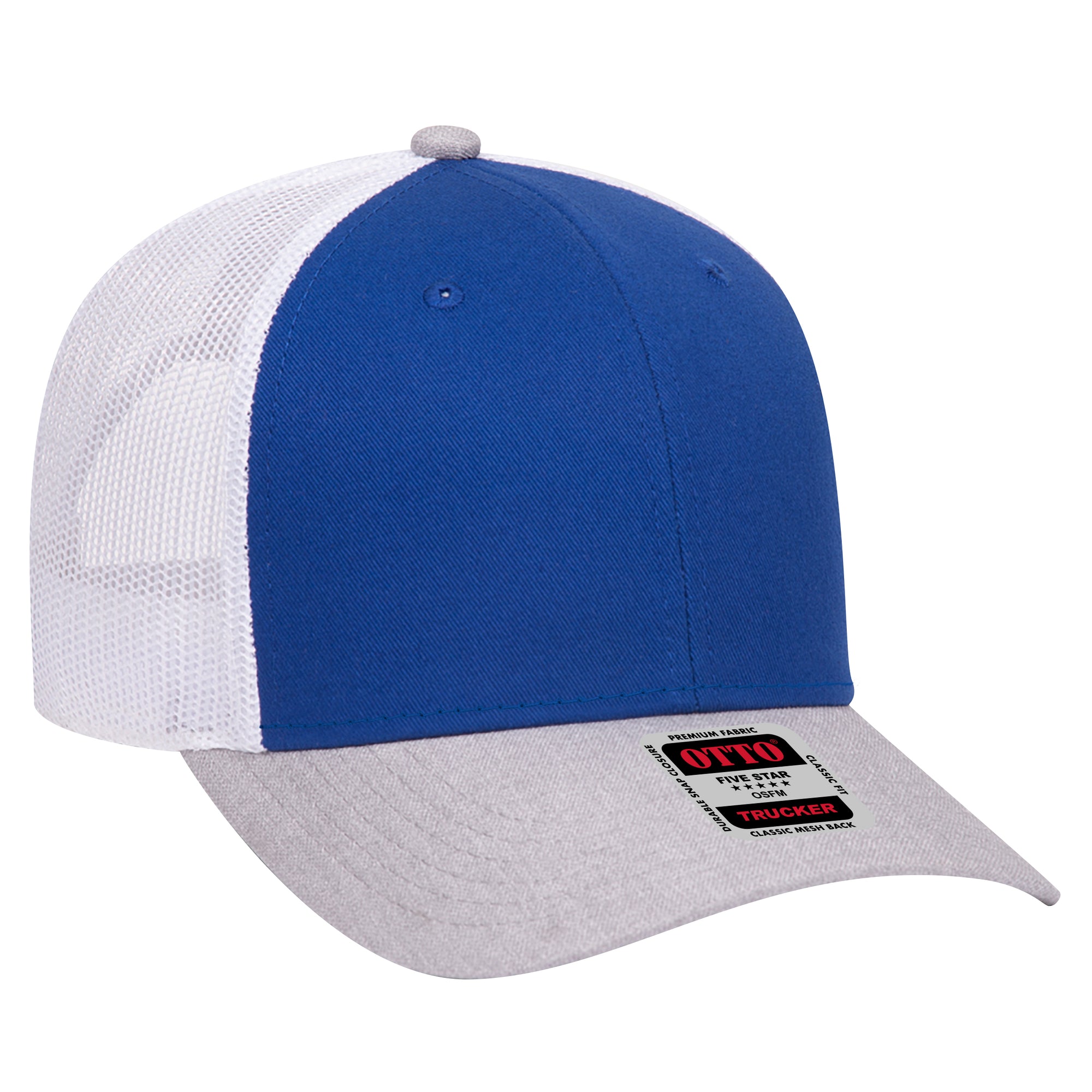 Right View of 740116 - HeatherGray/Royal/White OTTO CAP 6 Panel Low Profile Mesh Back Trucker Hat