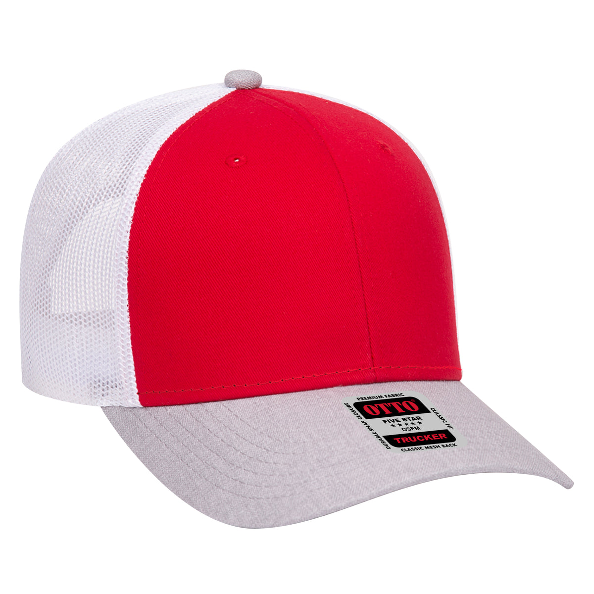 Right View of 740216 - HeatherGray/Red/White OTTO CAP 6 Panel Low Profile Mesh Back Trucker Hat