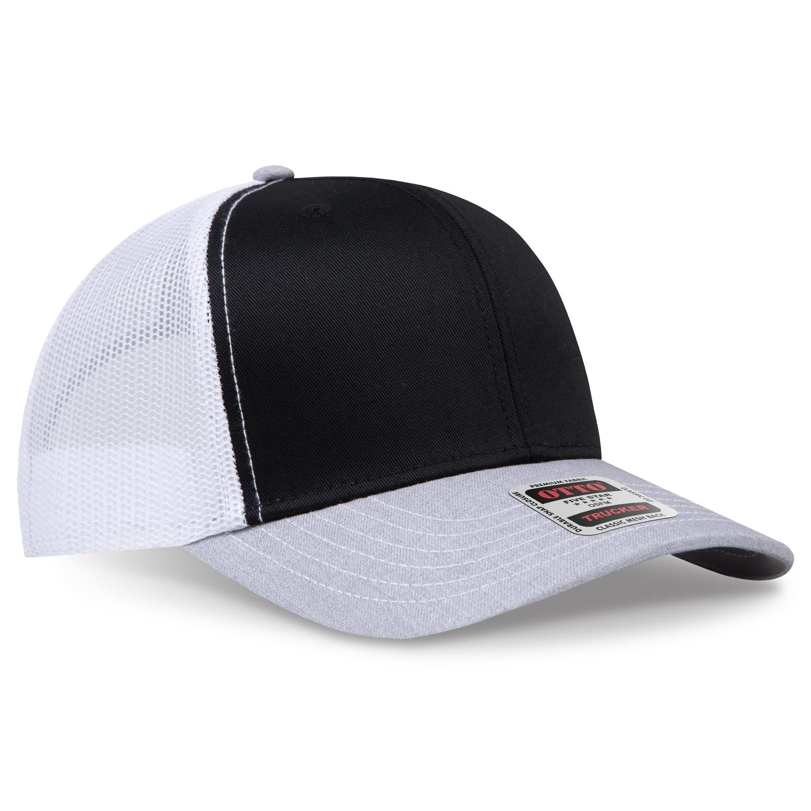 Right View of 740316 - HeatherGray/Black/White OTTO CAP 6 Panel Mid Profile Mesh Back Trucker Hat
