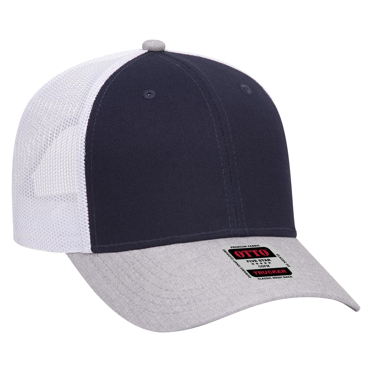 Right View of 740416 - HeatherGray/Navy/White OTTO CAP 6 Panel Low Profile Mesh Back Trucker Hat