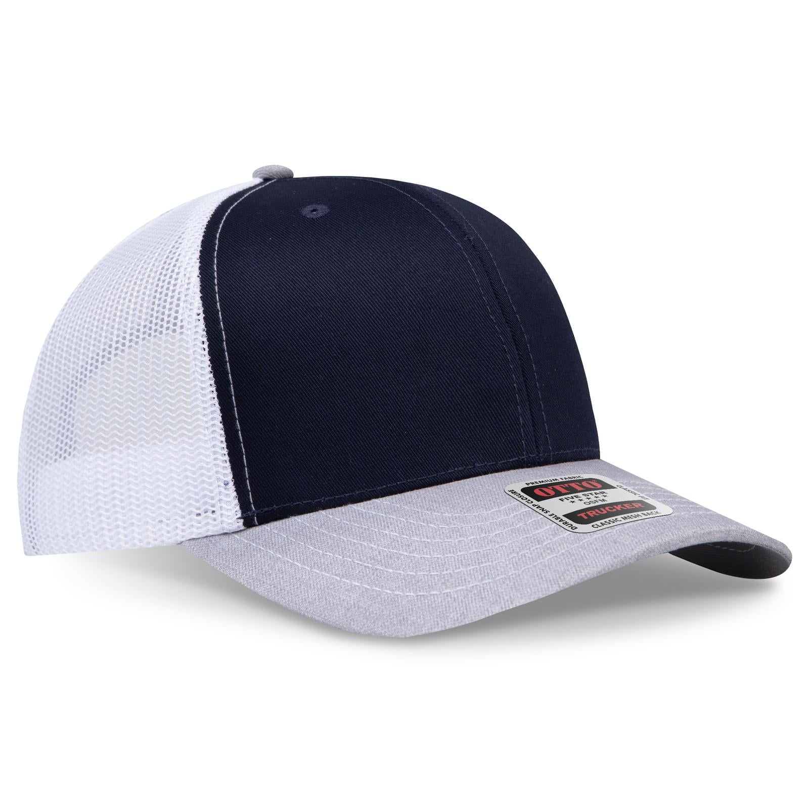 Right View of 740416 - HeatherGray/Navy/White OTTO CAP 6 Panel Mid Profile Mesh Back Trucker Hat