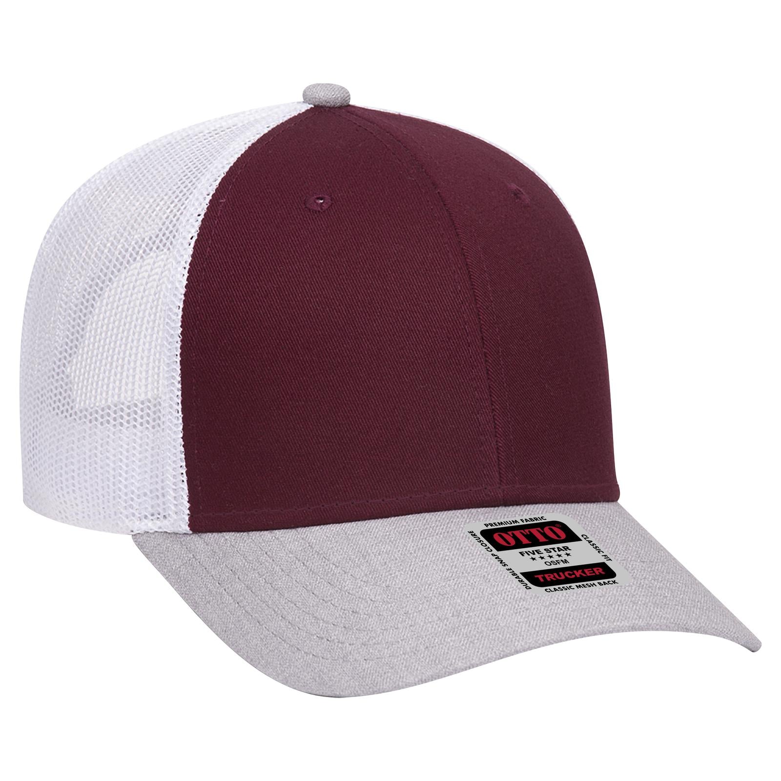 Right View of 741016 - HeatherGray/Maroon/White OTTO CAP 6 Panel Low Profile Mesh Back Trucker Hat