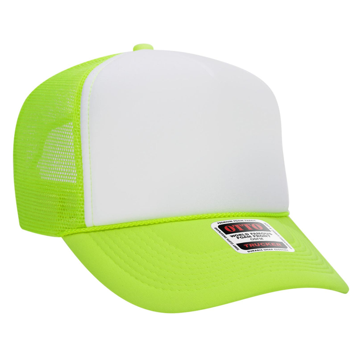 Right View of 881688 - N.Grn/Wht/N.Grn OTTO CAP 5 Panel High Crown Mesh Back Trucker Hat