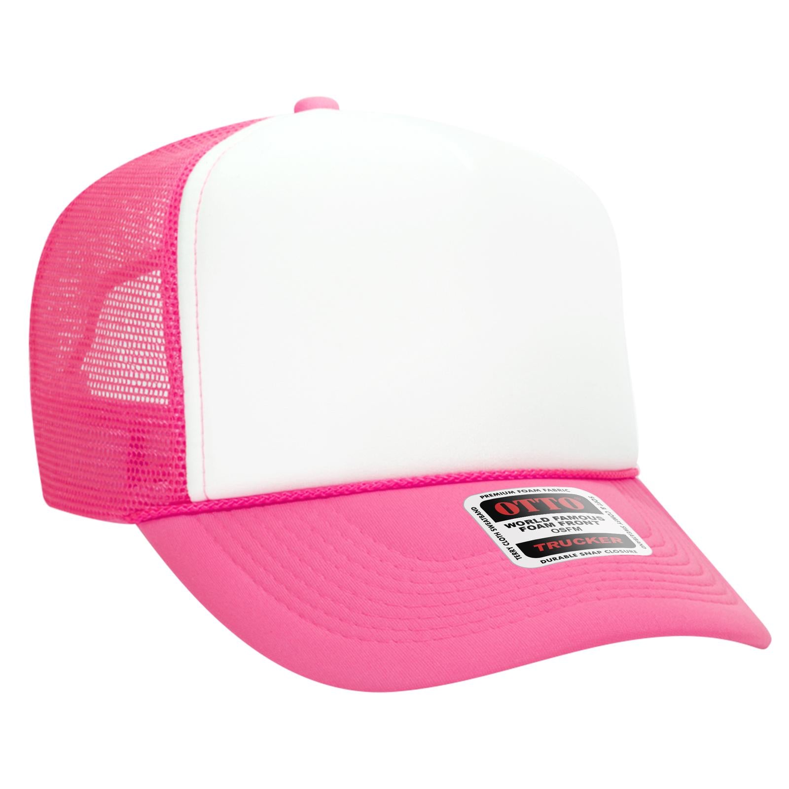 Right View of 891689 - N.Pnk/Wht/N.Pnk OTTO CAP 5 Panel High Crown Mesh Back Trucker Hat