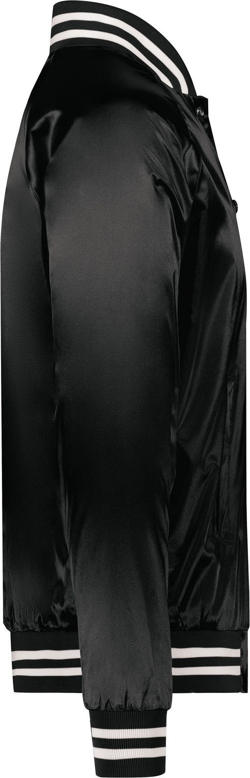 Right View of BLACK/WHITE SATIN BASEBALL JKT/STRIPED TRM