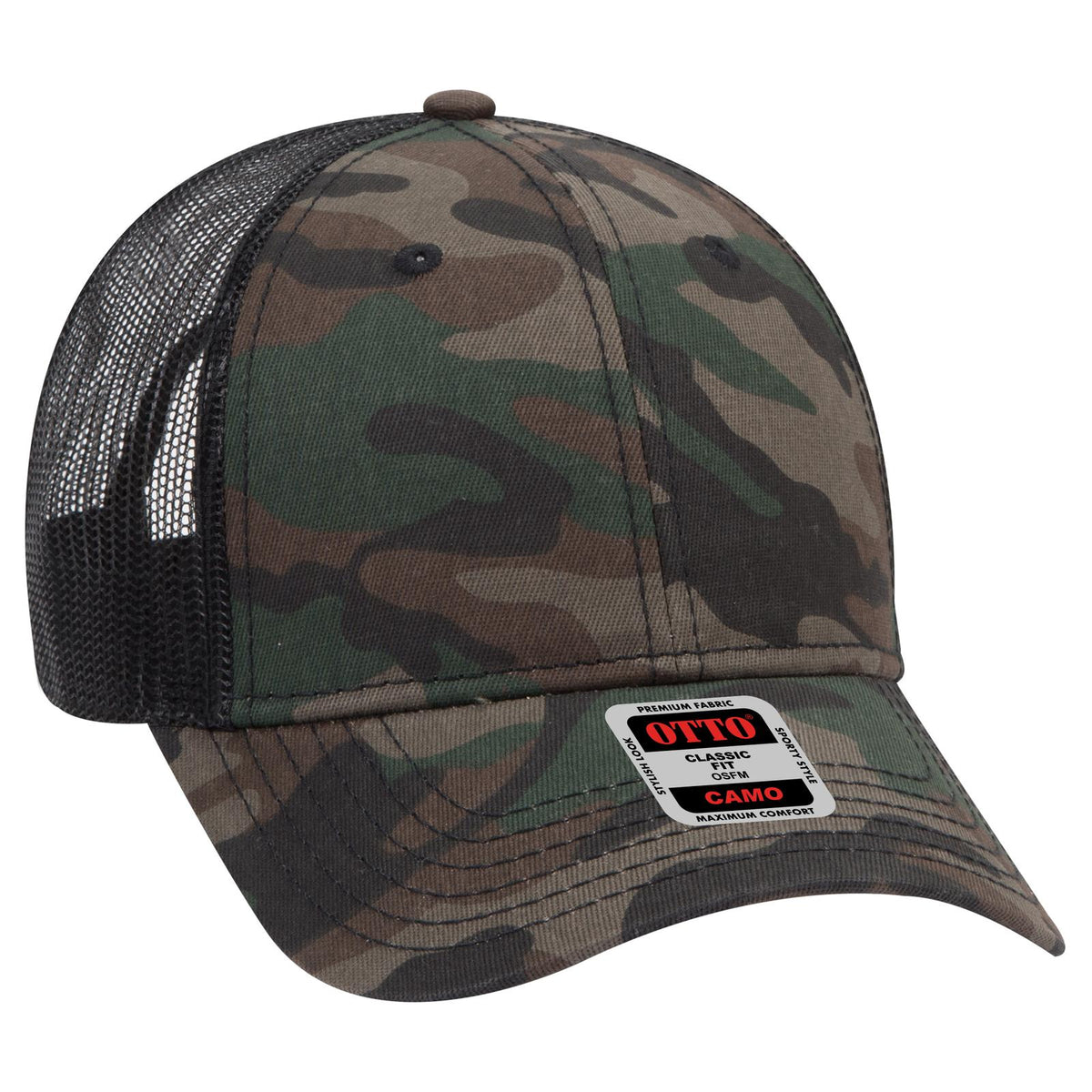 Right View of CP00403 - Camo/BlackMesh OTTO CAP Camouflage 6 Panel Low Profile Mesh Back Trucker Hat