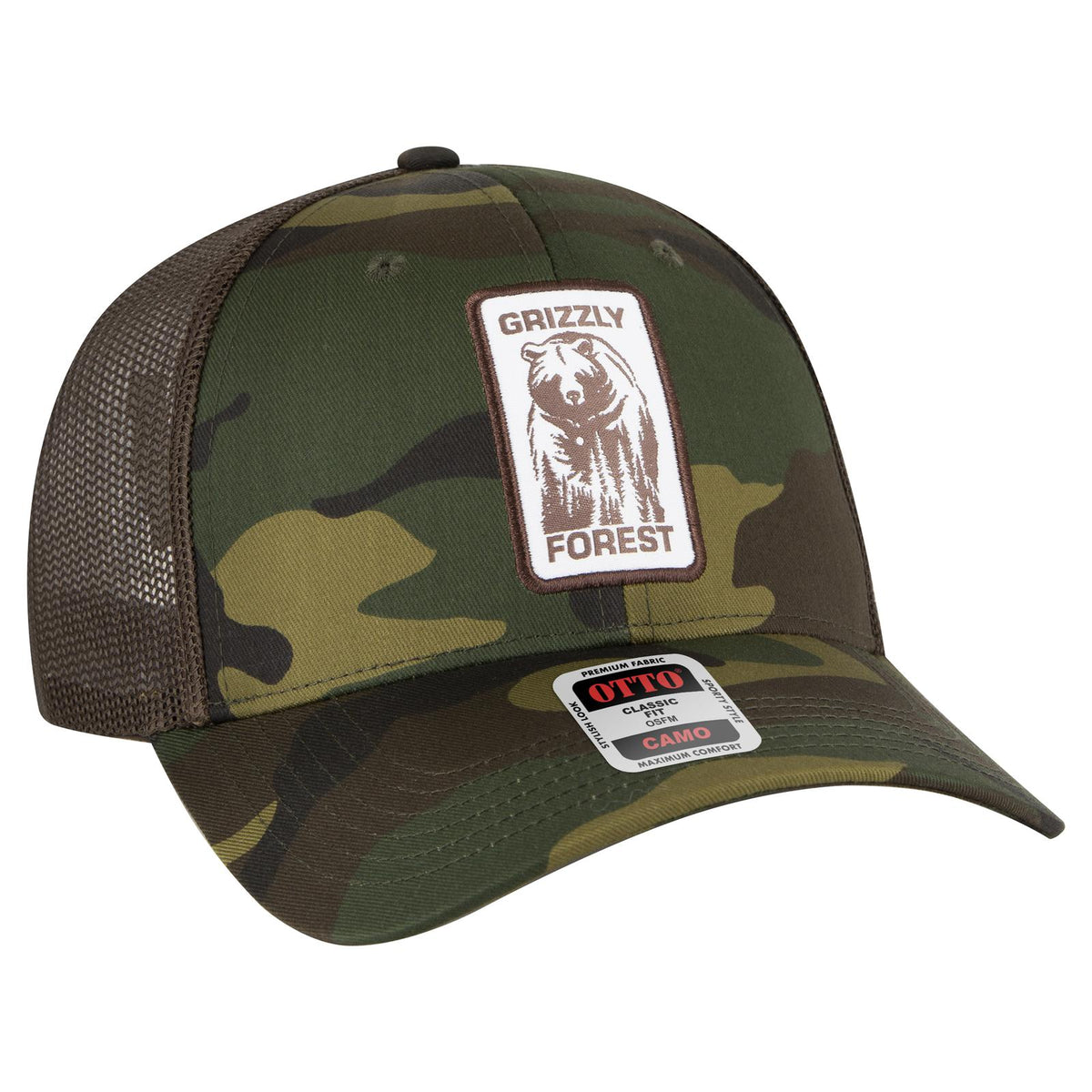 Right View of CP00839 - Camo/BrownMesh OTTO CAP Camouflage 6 Panel Low Profile Mesh Back Trucker Hat