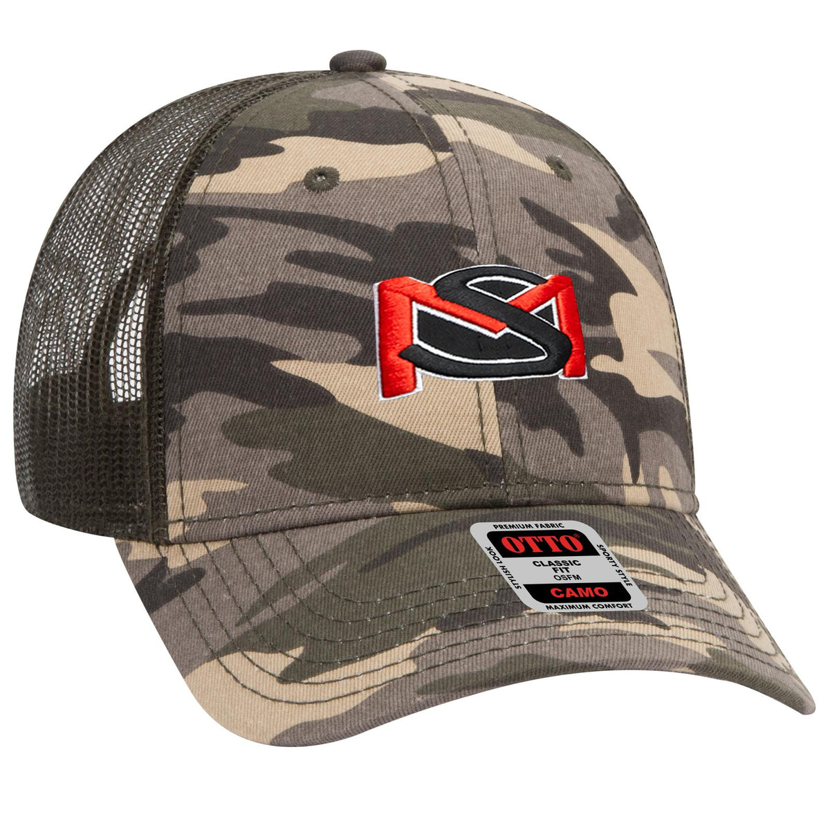 Right View of CP01046 - Camo/OliveMesh OTTO CAP Camouflage 6 Panel Low Profile Mesh Back Trucker Hat