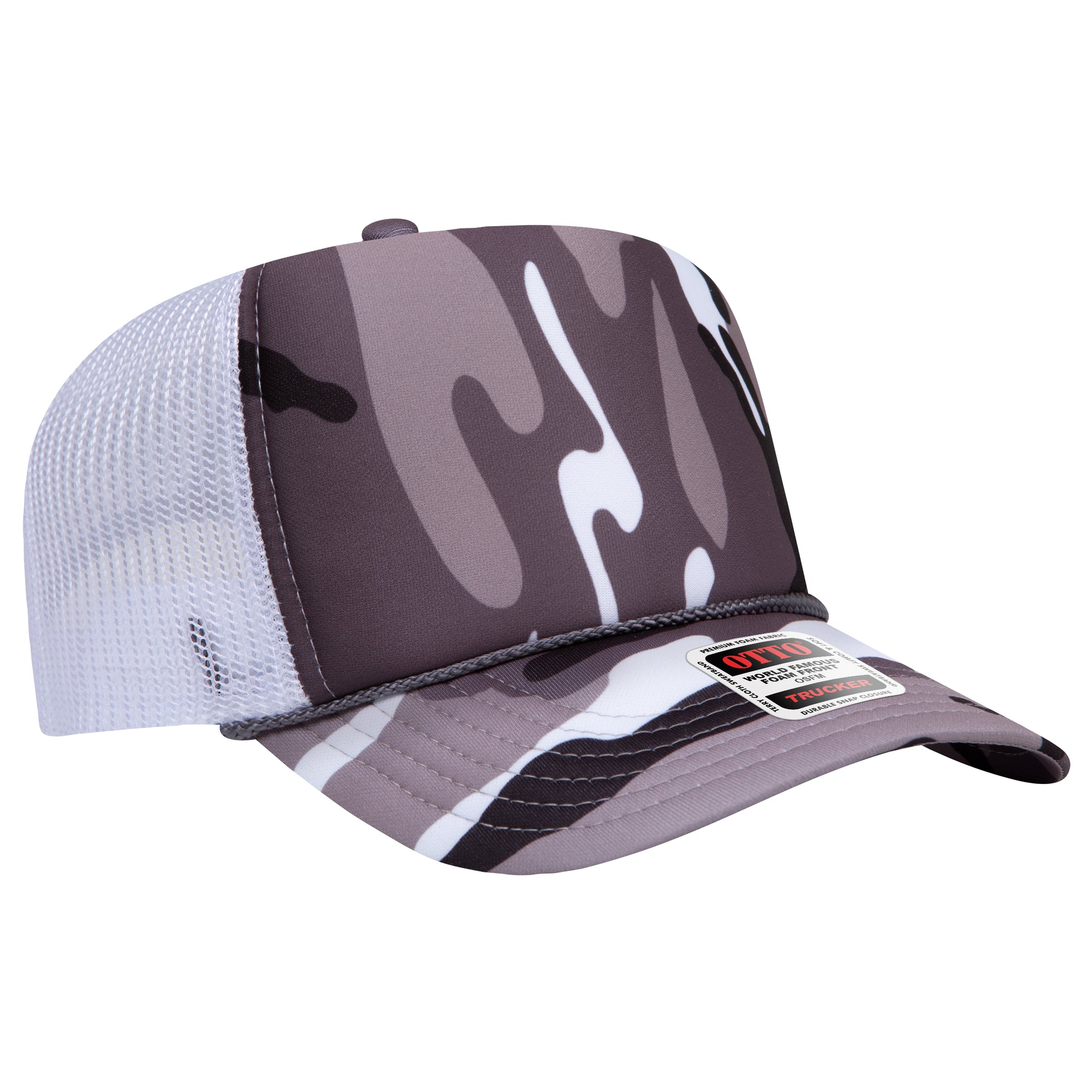 Right View of CP34A16 - Snow Camo/Wht OTTO CAP 5 Panel High Crown Mesh Back Trucker Hat