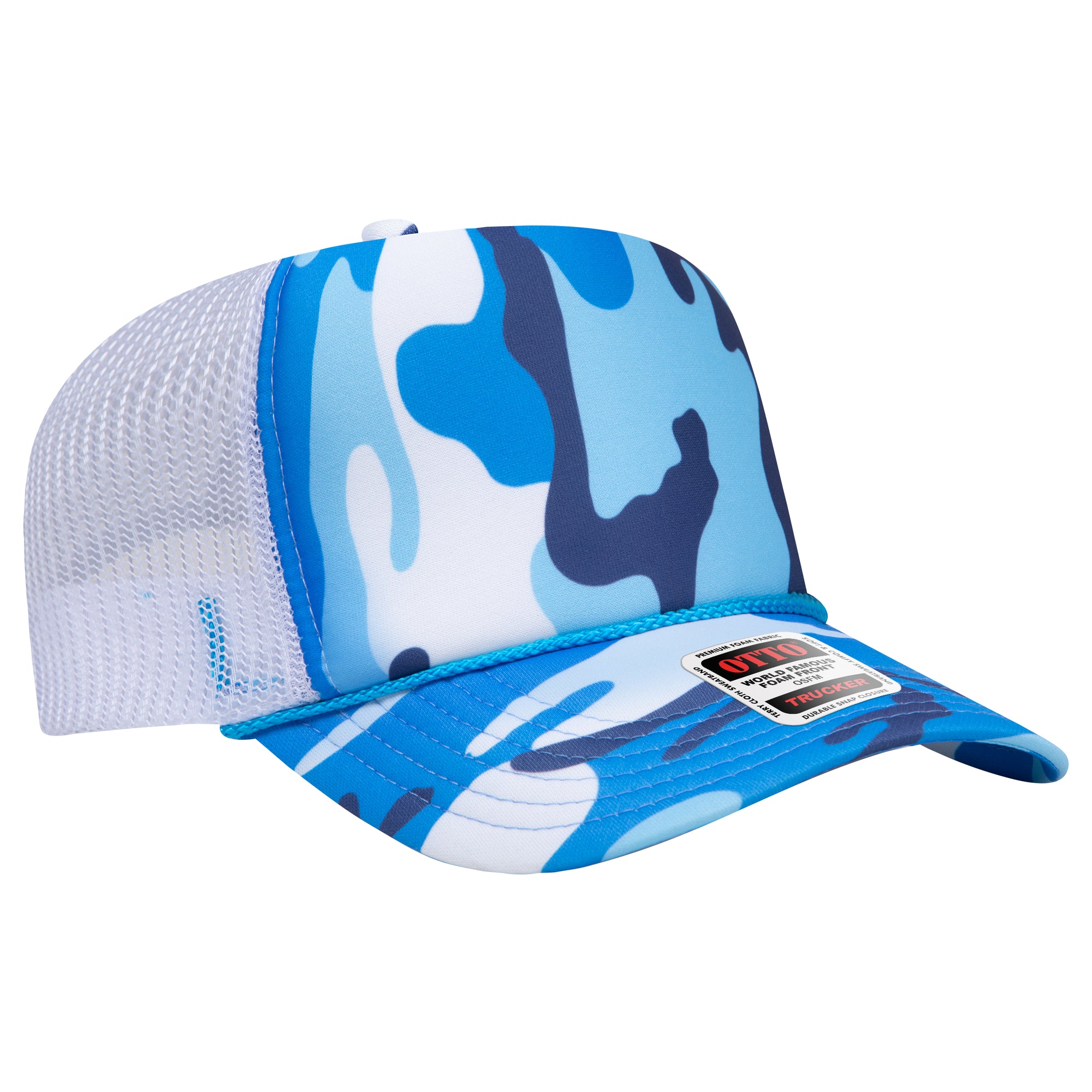 Right View of CP34B16 - Sky Camo/Wht OTTO CAP 5 Panel High Crown Mesh Back Trucker Hat