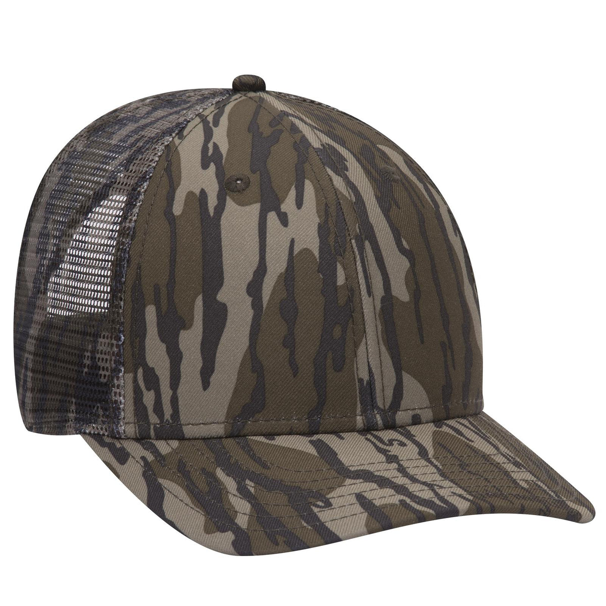 Right View of MO11 - Bottomland OTTO CAP Mossy Oak Camouflage Superior Polyester Twill 6 Panel Low Profile Mesh Back Trucker Hat
