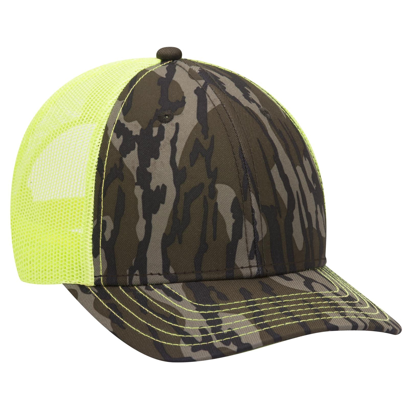 Front View of MO1140 - Bottomland/N.Ylw OTTO CAP Mossy Oak Camouflage 6 Panel Low Profile Mesh Back Trucker Hat