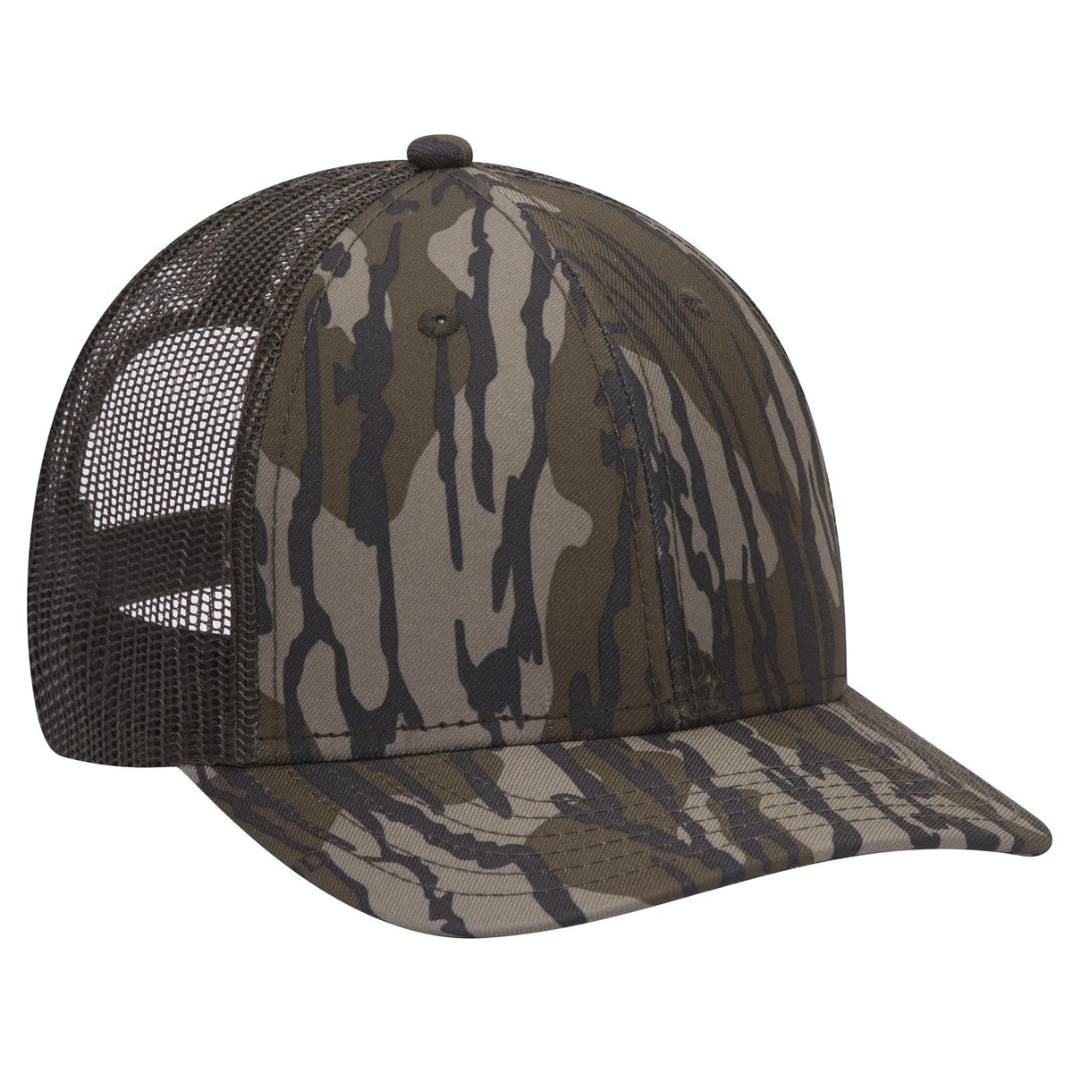 Right View of MO1146 - Bottomland/Dk.Ol. Grn OTTO CAP Mossy Oak Camouflage 6 Panel Low Profile Mesh Back Trucker Hat