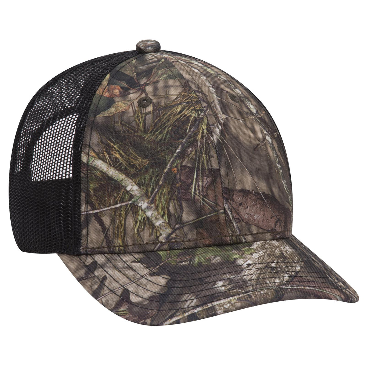 Right View of MO203 - Break Up Country/Blk OTTO CAP Mossy Oak Camouflage 6 Panel Low Profile Mesh Back Trucker Hat
