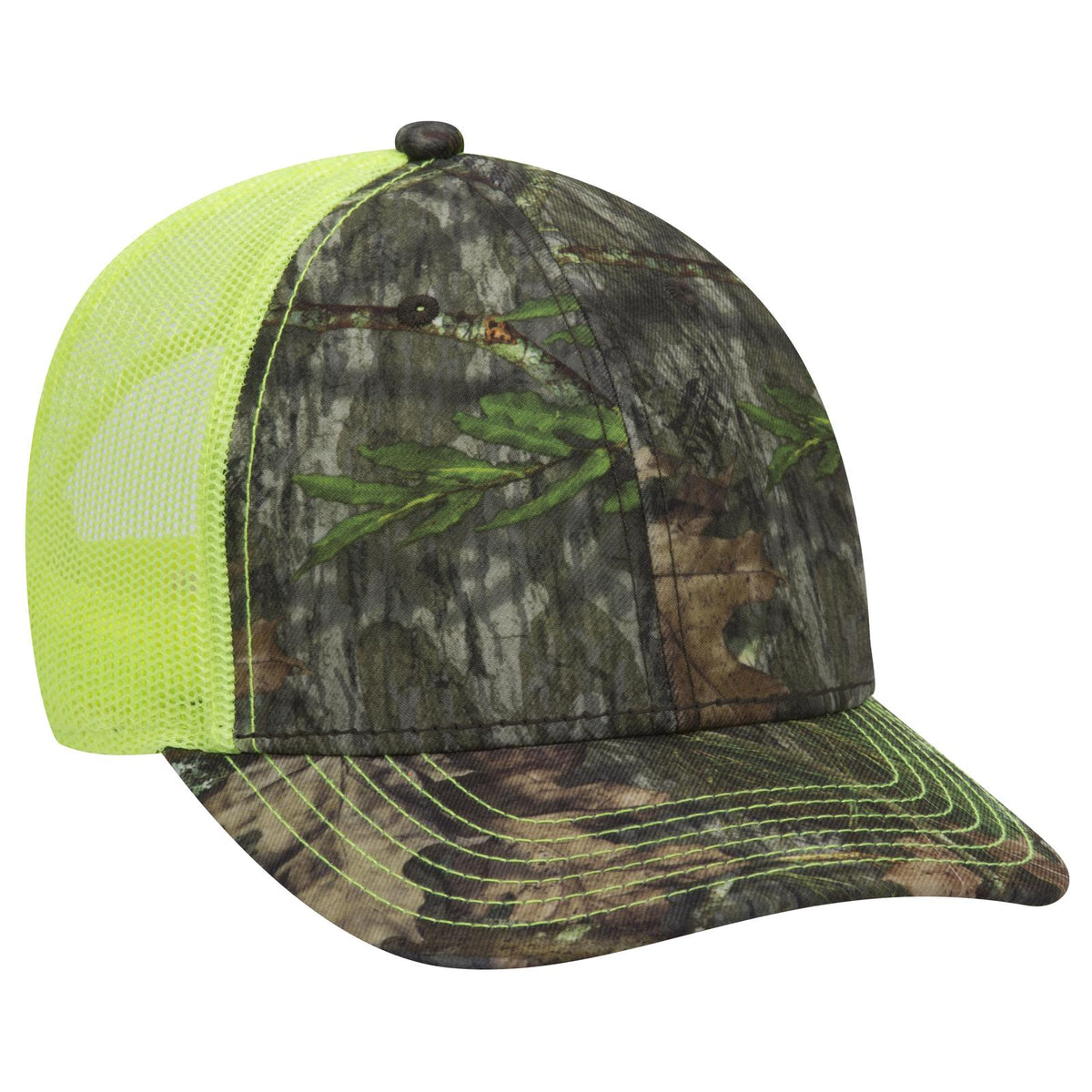 Right View of MO340 - Obsession/N.Ylw OTTO CAP Mossy Oak Camouflage 6 Panel Low Profile Mesh Back Trucker Hat