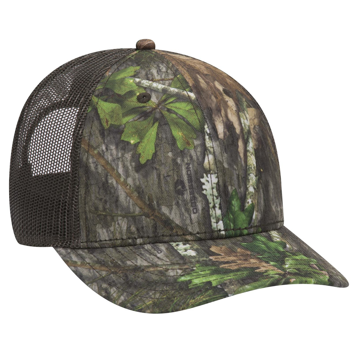 Right View of MO346 - Obsession/Dk.Ol.Grn OTTO CAP Mossy Oak Camouflage 6 Panel Low Profile Mesh Back Trucker Hat