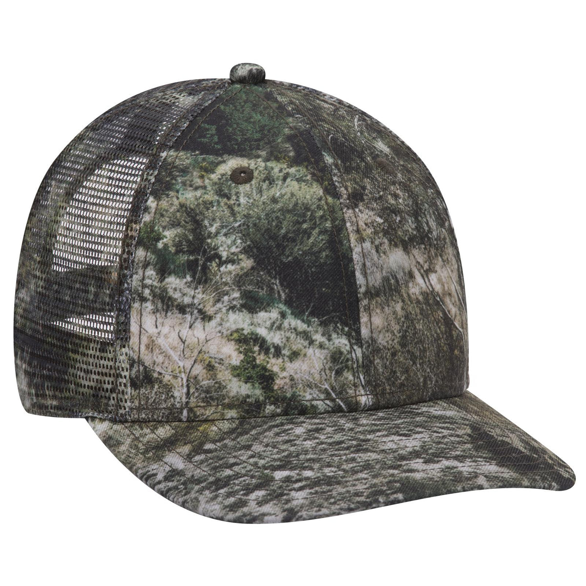 Right View of MO5 - Mountain Country Range OTTO CAP Mossy Oak Camouflage Superior Polyester Twill 6 Panel Low Profile Mesh Back Trucker Hat
