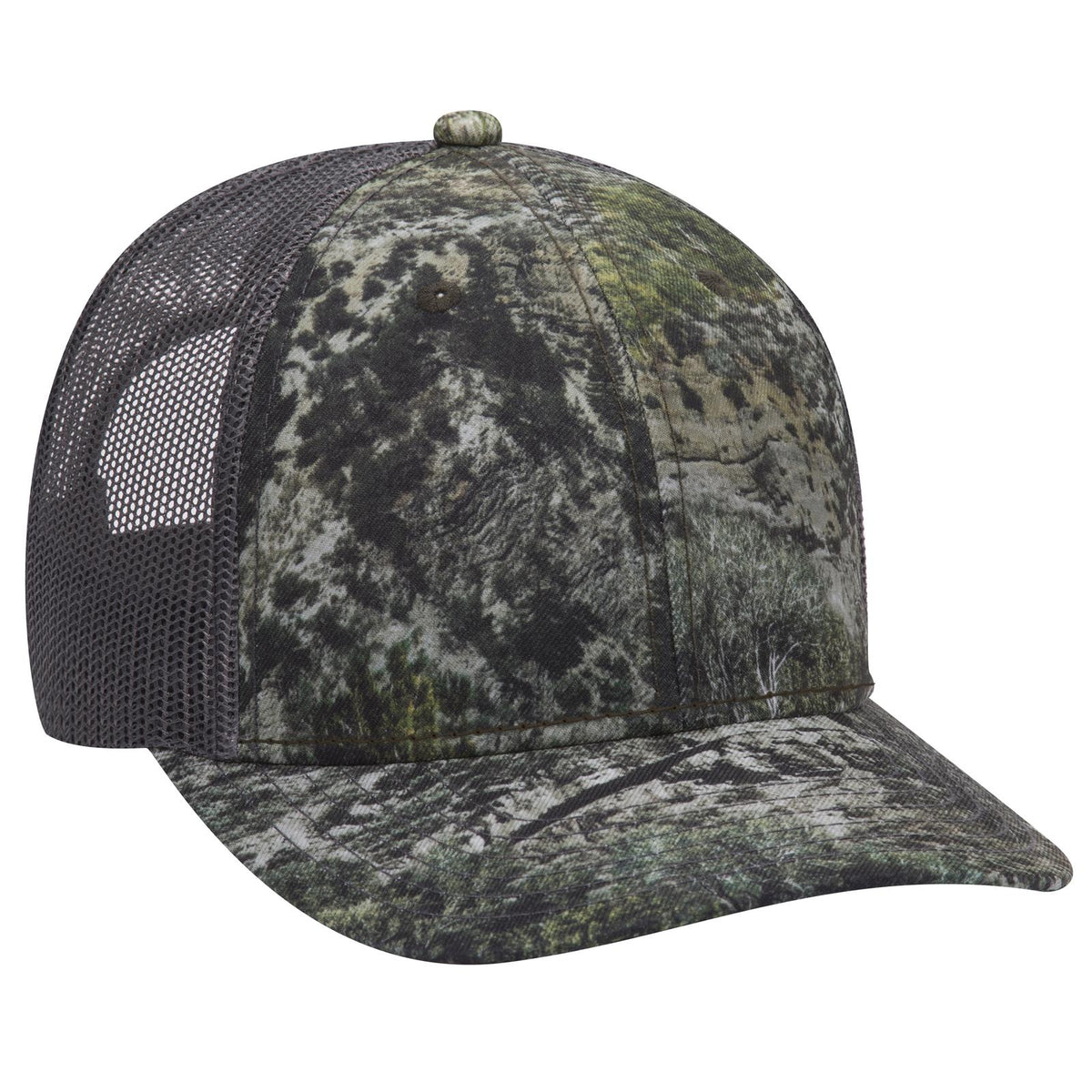 Right View of MO525 - Mountain Country Range/Ch.Gry OTTO CAP Mossy Oak Camouflage 6 Panel Low Profile Mesh Back Trucker Hat