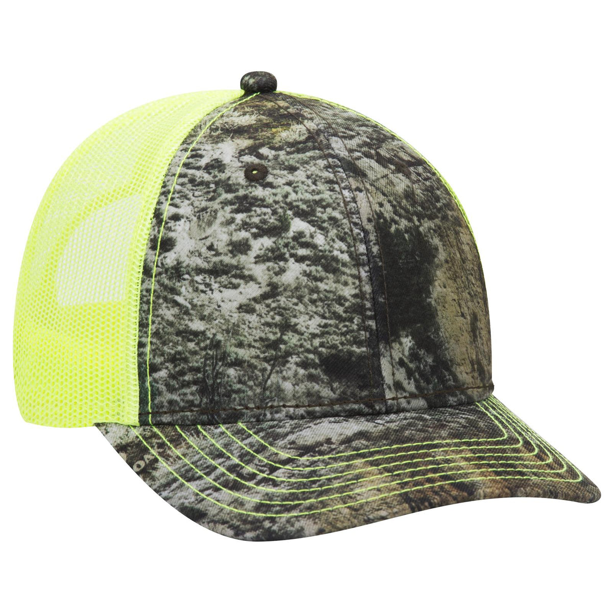 Right View of MO540 - Mountain Country Range/N.Ylw OTTO CAP Mossy Oak Camouflage 6 Panel Low Profile Mesh Back Trucker Hat