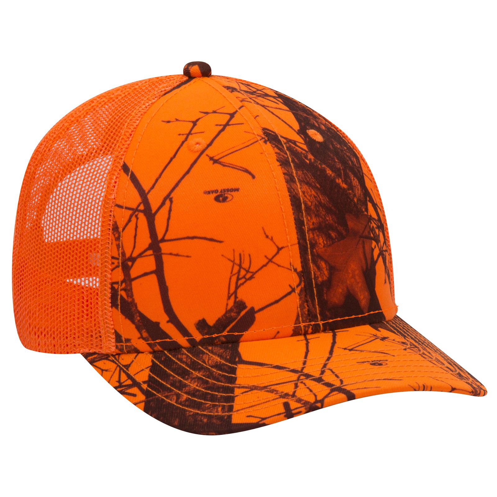 Front View of MO609 - Blaze/N.Org OTTO CAP Mossy Oak Camouflage 6 Panel Low Profile Mesh Back Trucker Hat