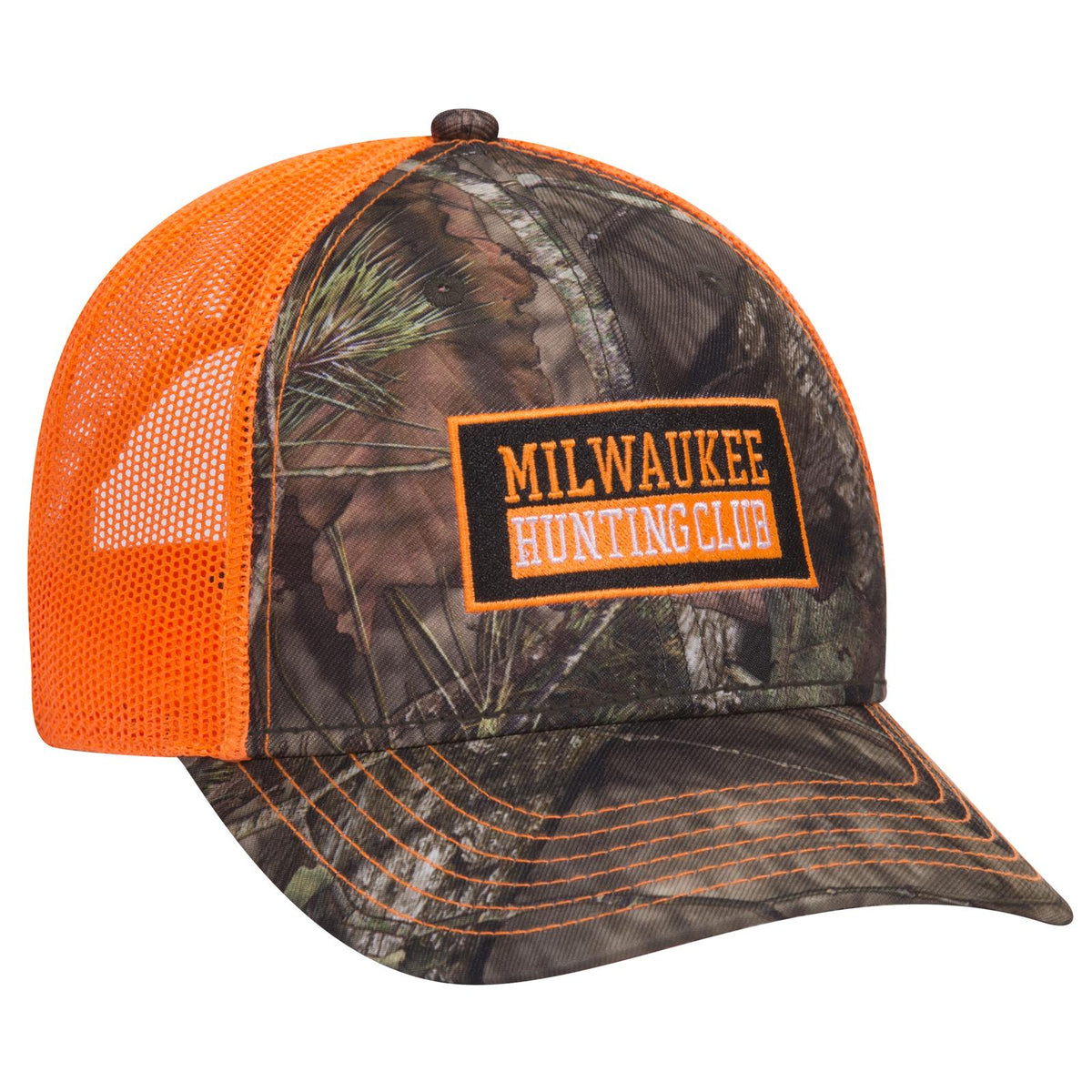 Right View of MO609 - Blaze/N.Org OTTO CAP Mossy Oak Camouflage 6 Panel Low Profile Mesh Back Trucker Hat
