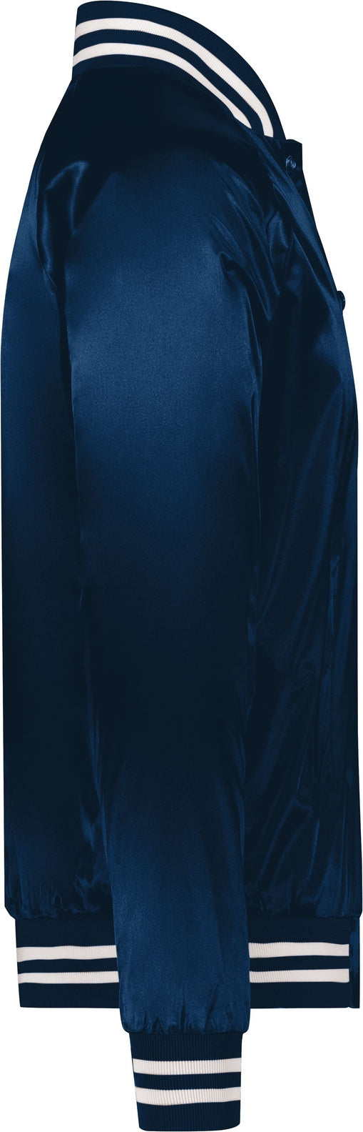 Right View of NAVY/WHITE SATIN BASEBALL JKT/STRIPED TRM