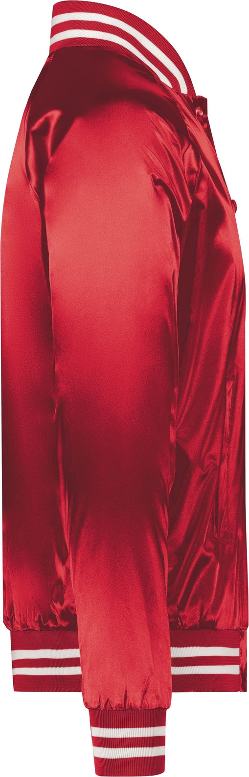 Right View of RED/WHITE SATIN BASEBALL JKT/STRIPED TRM