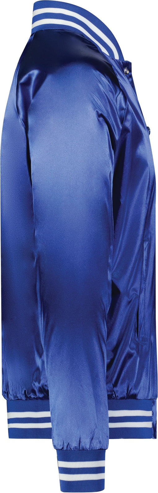 Right View of ROYAL/WHITE SATIN BASEBALL JKT/STRIPED TRM