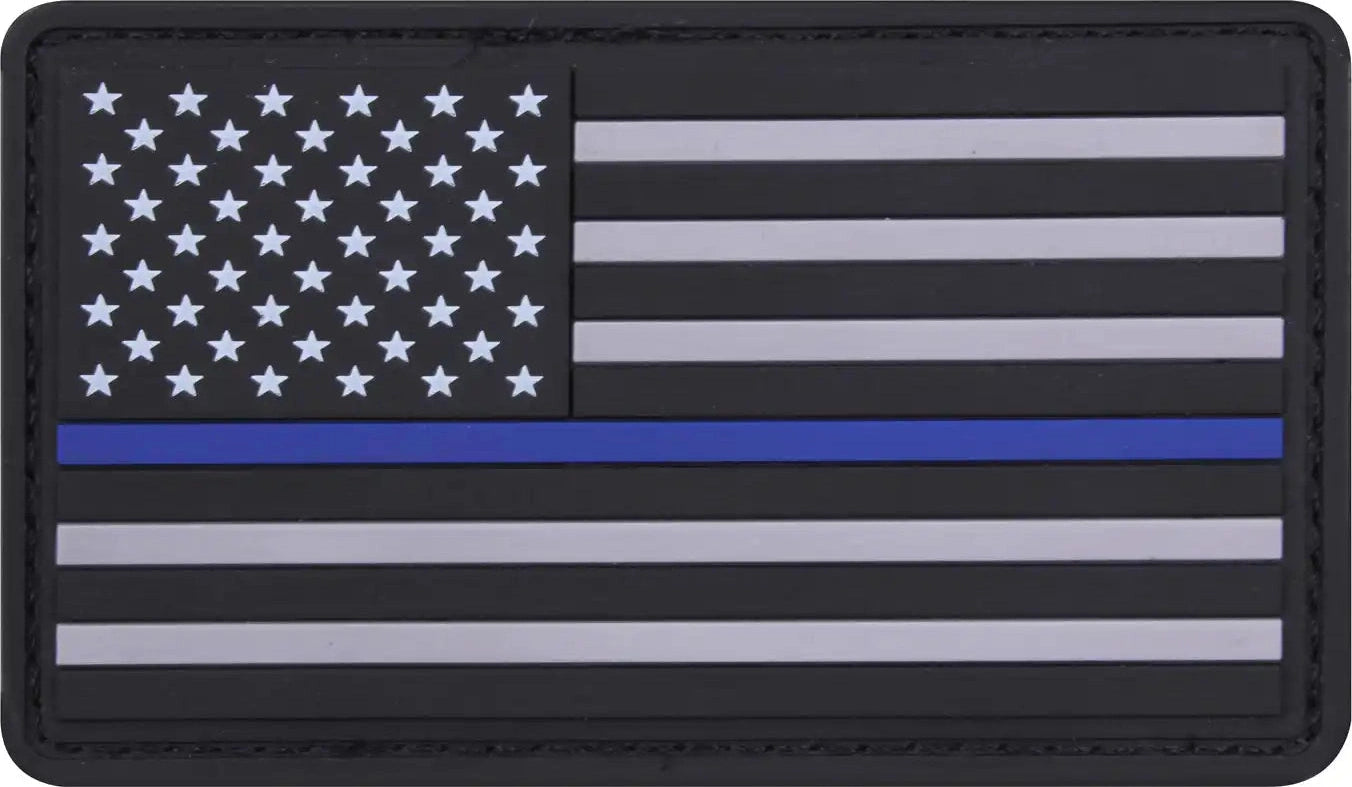 Rothco Pvc Thin Blue Line Flag Patch - Hook Back - Black / Silver / Bulk Packaging / one Size