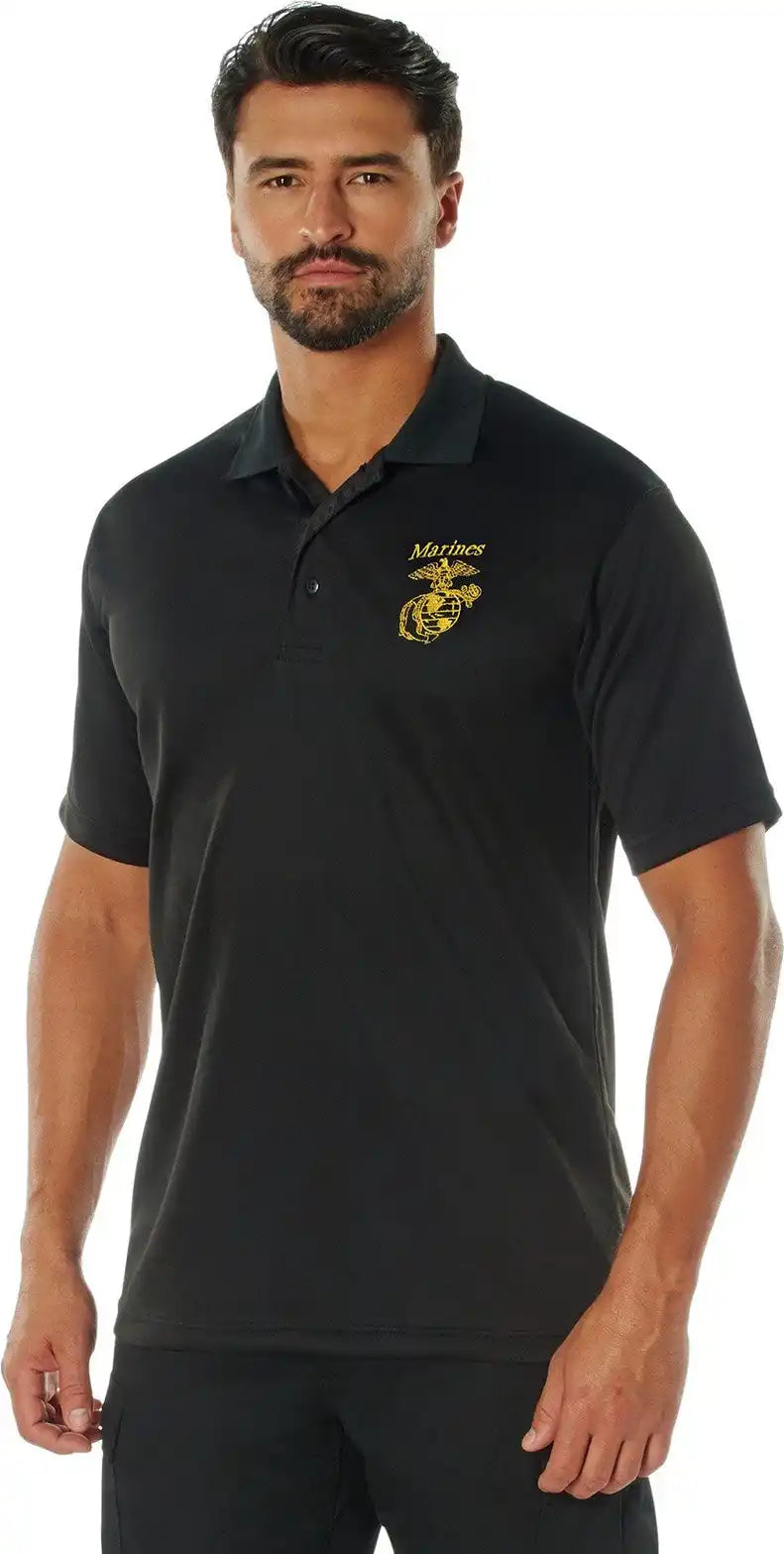 Rothco Usmc Eagle Globe & Anchor Moisture Wicking Polo Shirt - Black