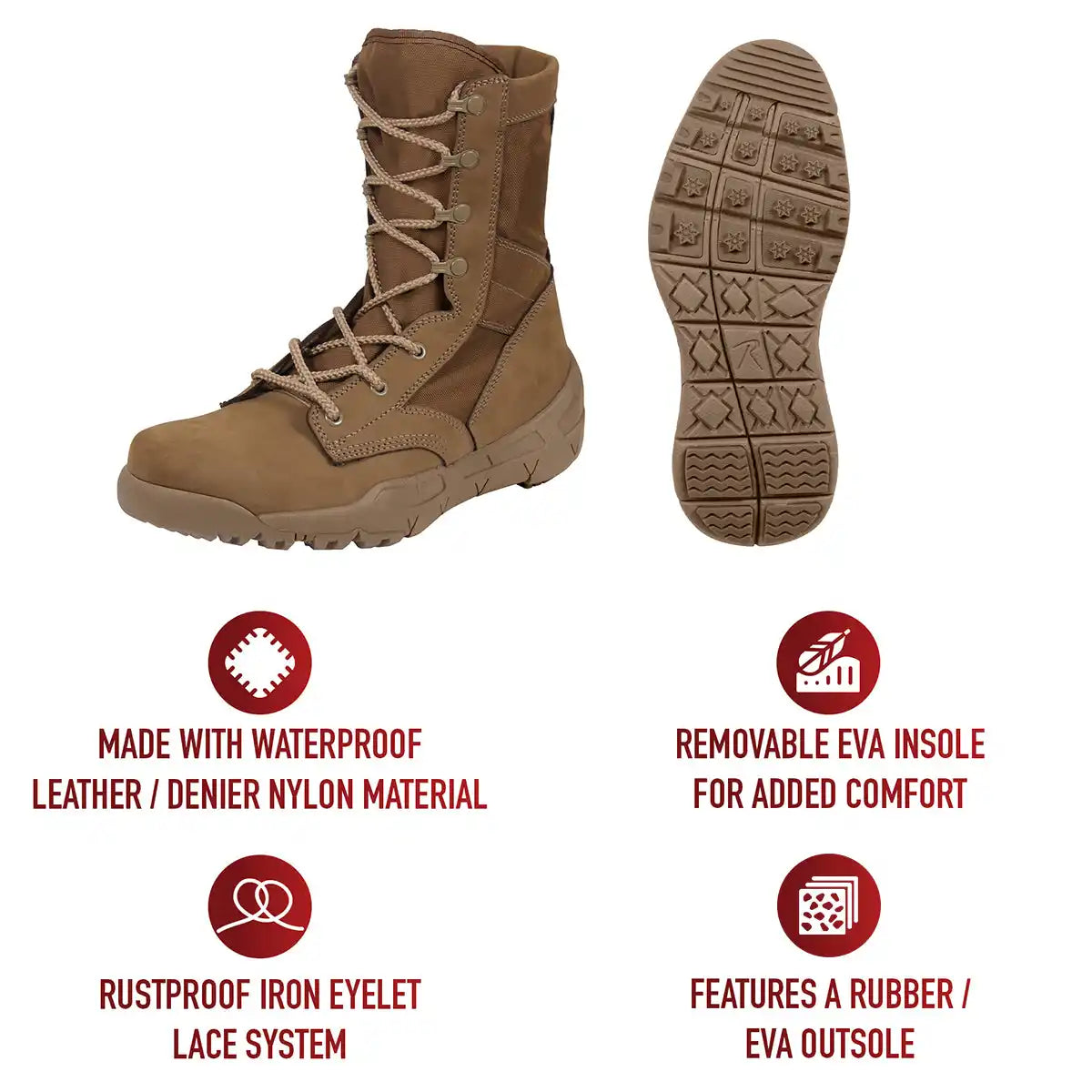 Rothco Waterproof v Max Lightweight Tactical Boots Ar 670 1 Coyote Brown 8.5 Inch / 6