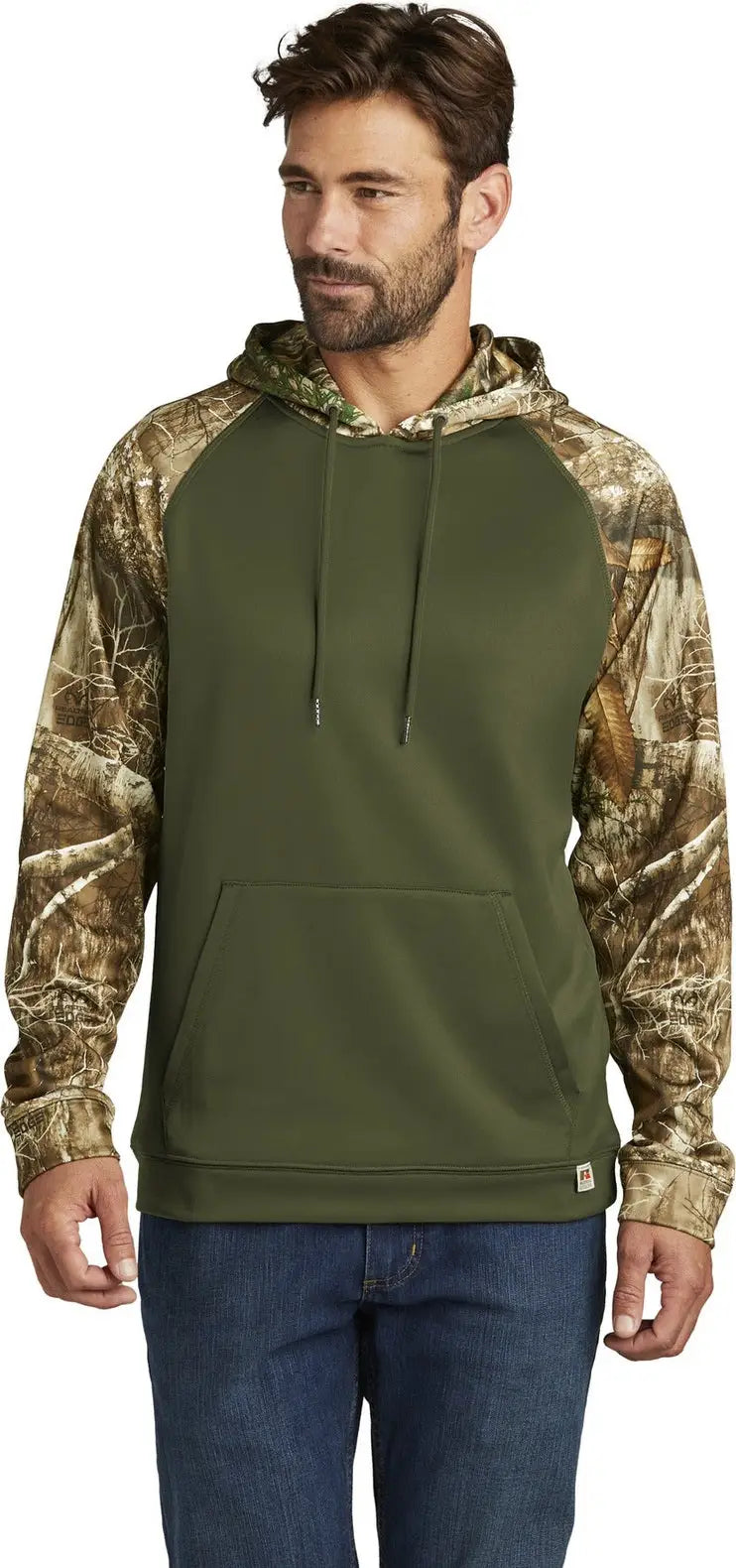 Russell Outdoors Ru451 Realtree Performance Colorblock Pullover Hoodie - Olive Drab Green Edge - Green/ / Adult Xs