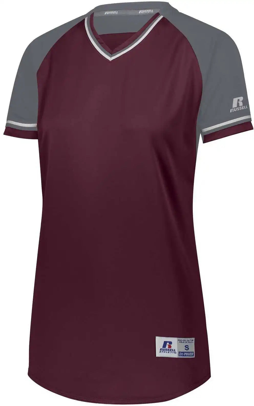 Russell R01x3x Ladies Classic v Neck Jersey Maroon Steel White