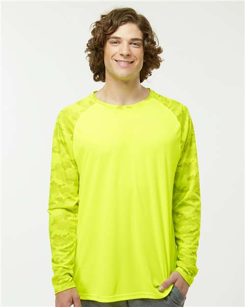 Safety Green Cayman Performance Camo Colorblocked Long Sleeve T-Shirt - 216
