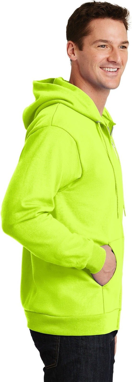 Safety Green Port & Co Essential Fleece Full-Zip Hooded Sweatshirt. PC90ZH
