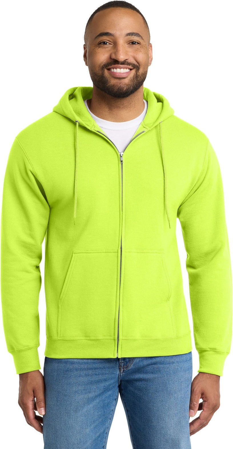 Safety Green Port & Co Tall Essential Fleece Full-Zip Hooded Sweatshirt. PC90ZHT
