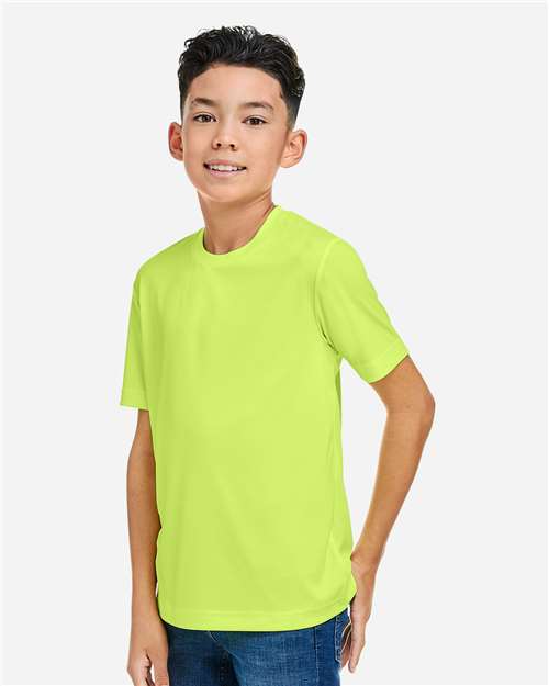 Left View of Safety Yellow Youth Capital Performance T-Shirt - CE10Y