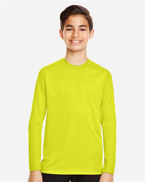 Front View of Safety Yellow Youth Zone Performance Long Sleeve T-Shirt - TT11YL