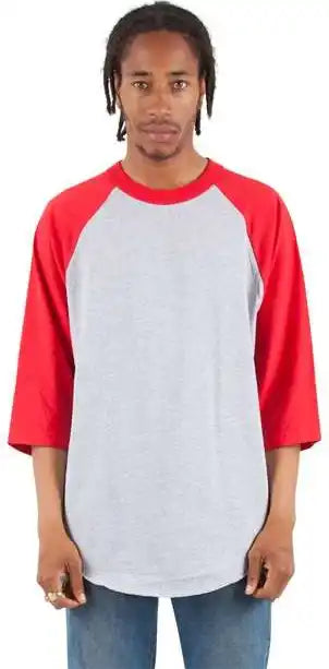 Shaka Wear Shrag Unisex Three-quarter Sleeve Raglan T-shirt - Heather Grey/ Red