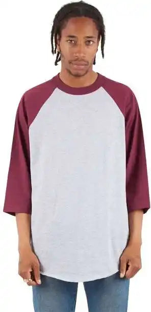 Shaka Wear Shrag Unisex Three-quarter Sleeve Raglan T-shirt - Heather Grey/ Burgundy