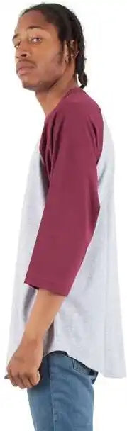 Shaka Wear Shrag Unisex Three-quarter Sleeve Raglan T-shirt - Heather Grey/ Burgundy