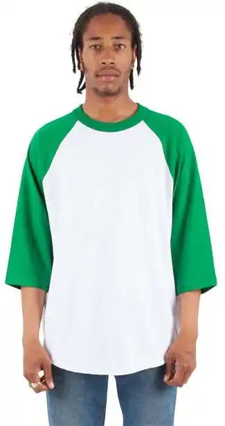 Shaka Wear Shrag Unisex Three Quarter Sleeve Raglan t Shirt White/ Kelly Green