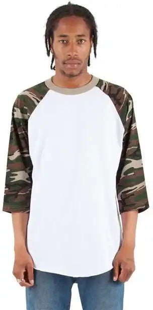 Shaka Wear Shragcm Unisex Three Quarter Sleeve Camo Raglan t Shirt White/ Green