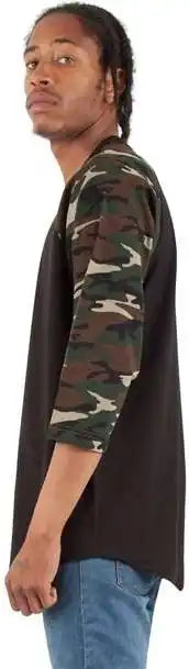 Shaka Wear Shragcm Unisex Three-quarter Sleeve Camo Raglan T-shirt - Black/ Green