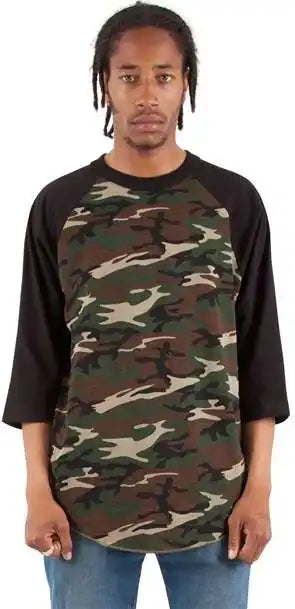 Shaka Wear Shragcm Unisex Three-quarter Sleeve Camo Raglan T-shirt - Green/ Black