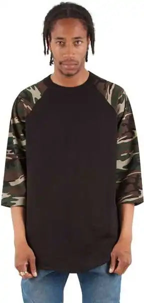 Shaka Wear Shragcm Unisex Three-quarter Sleeve Camo Raglan T-shirt - Black/ Green