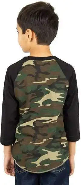 Shaka Wear Shragcy Youth Three-quarter Sleeve Camo Raglan T-shirt - Green/ Black