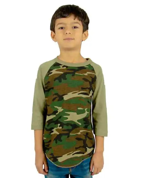 Shaka Wear Shragcy Youth Three-quarter Sleeve Camo Raglan T-shirt - Green Olive - Green/ / s
