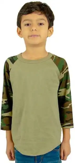 Shaka Wear Shragcy Youth Three Quarter Sleeve Camo Raglan t Shirt Olive/ Green