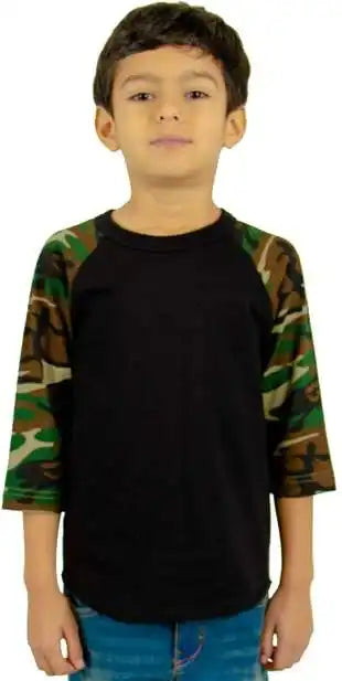 Shaka Wear Shragcy Youth Three-quarter Sleeve Camo Raglan T-shirt - Black/ Green